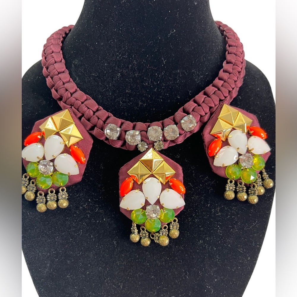 J.Crew Satin and rhinestone Bib Statement Necklace with Orange Neon color